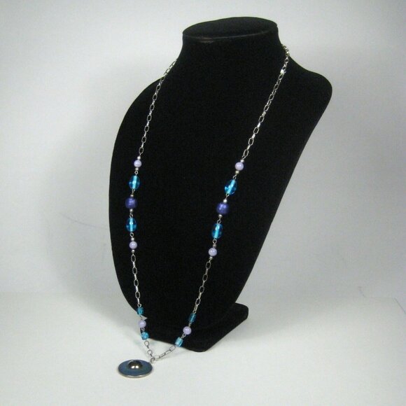 Necklace 32 In Silvetone Chain Pendant Strand Glass Beaded Blue Jewelry Women - Picture 5 of 10